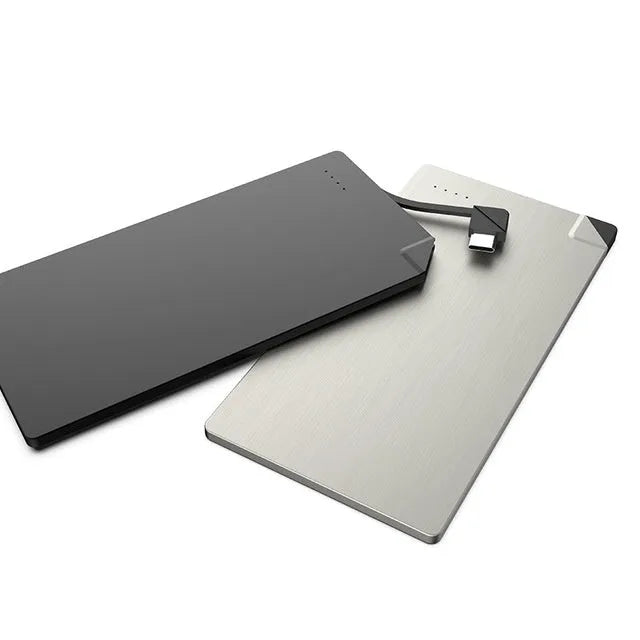 Silver graphene power bank showing slim 4mm profile with 4000mAh capacity for phone charging