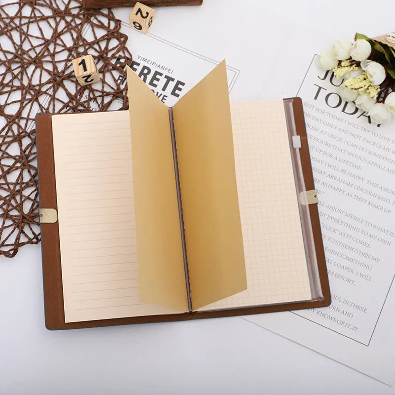 A6 notebook with imitation leather cover in choice of grey, pink, or red, showing cowhide rope style binding.