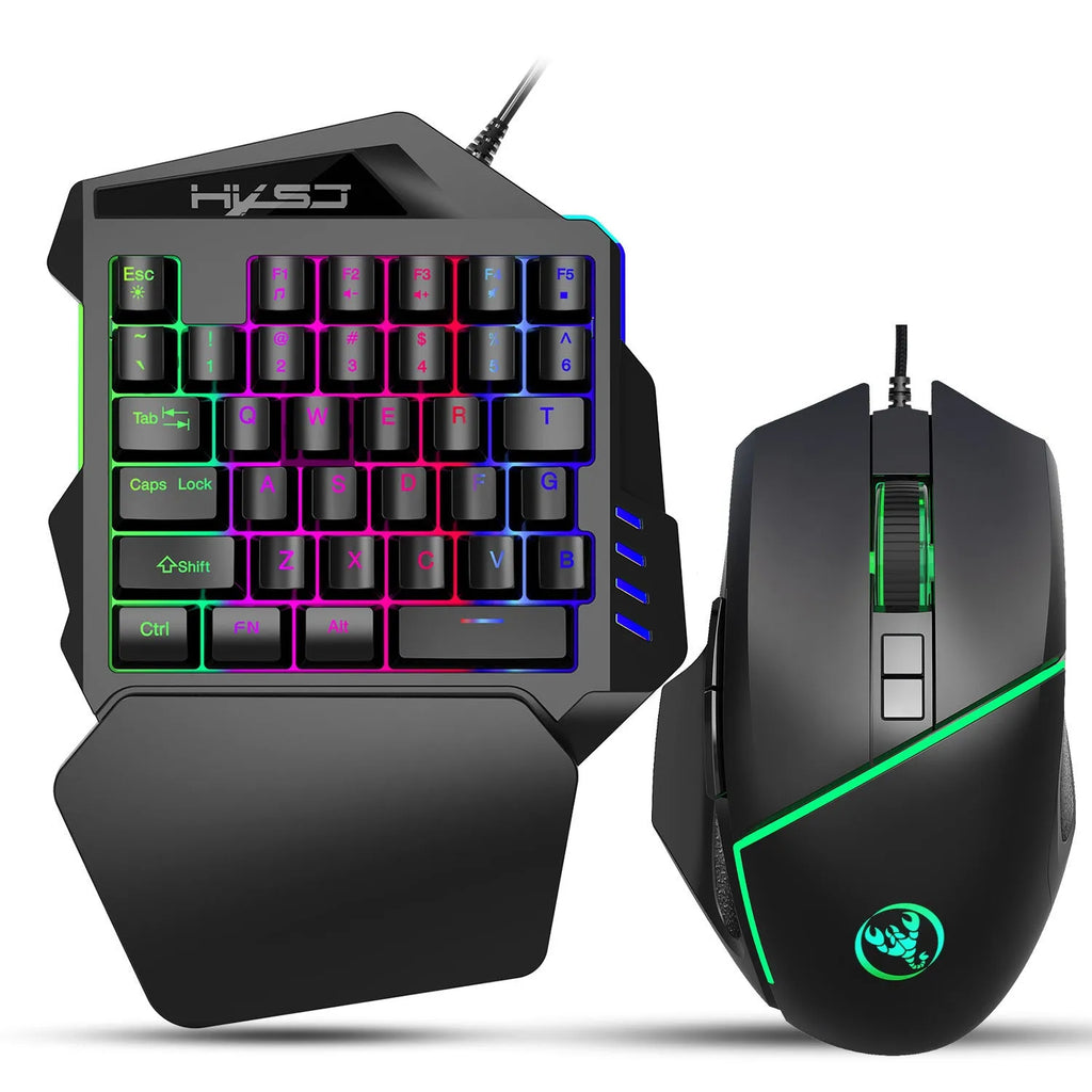 Black wired gaming mouse with 8 buttons, 6400 DPI adjustable sensor, 7-colour breathing light, and 150cm USB cable