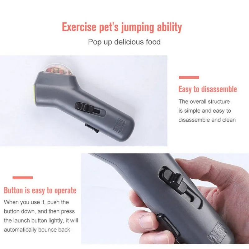 Grey pet snack catapult launcher measuring 18 cm long with spring trigger for 3-metre treat ejection