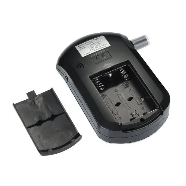 Black breathalyser alcohol tester with digital display and mouthpiece for blood alcohol concentration measurement