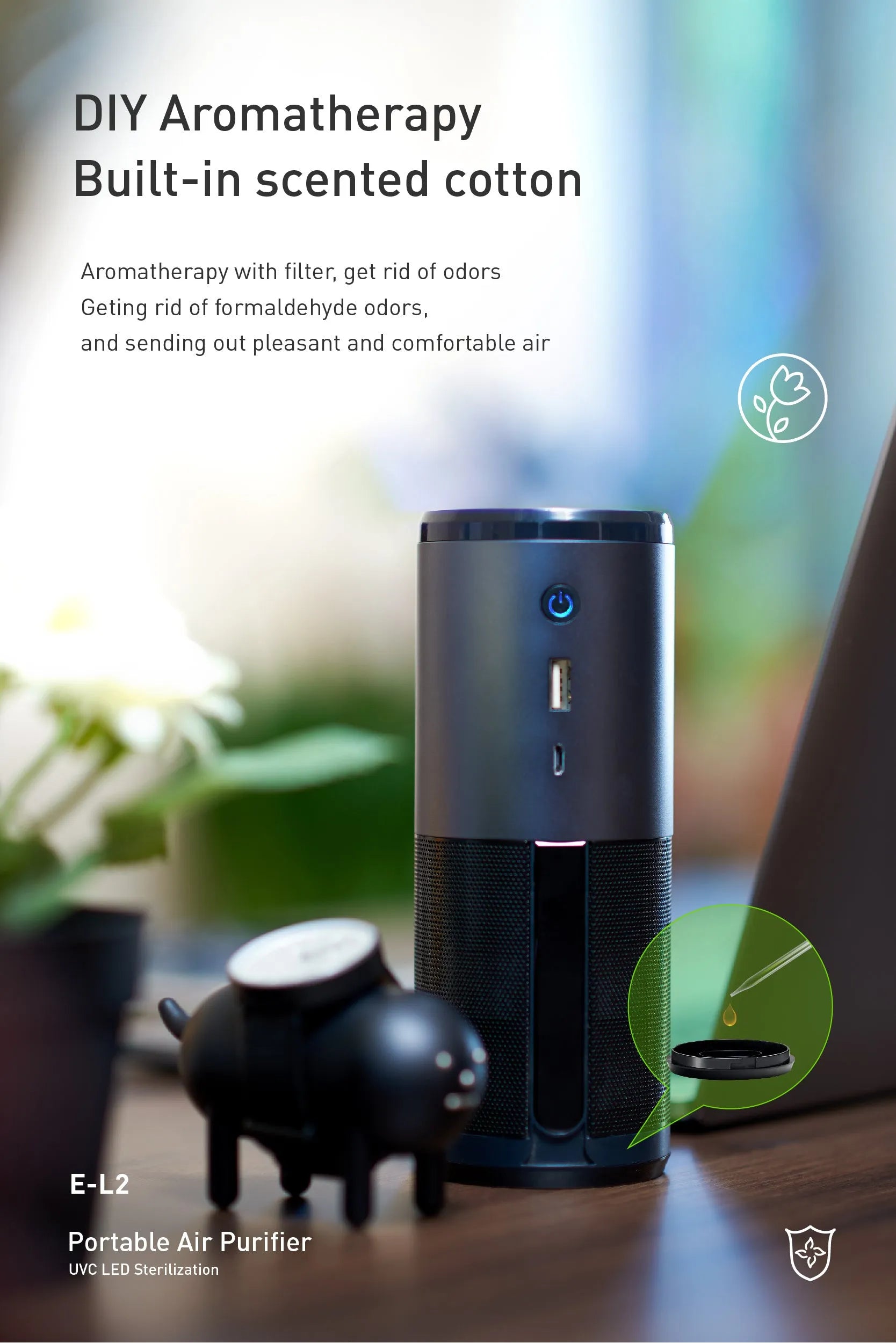 Portable mini car air purifier in black or rosebox, 6.2 cm by 17.2 cm, with smart sensor and USB charging