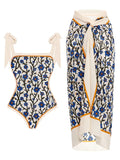 Women's printed chiffon swimsuit with matching hip skirt in floral pattern