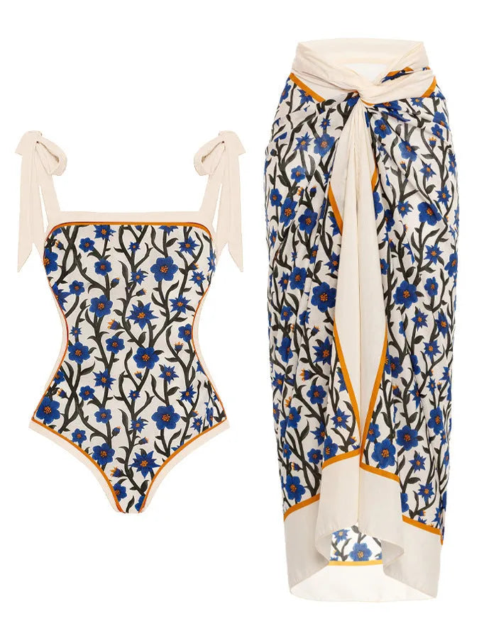 Women's printed chiffon swimsuit with matching hip skirt in floral pattern