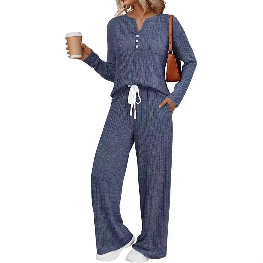 Women's knitted V-neck long coat with striped pattern and matching trousers in apricot colour