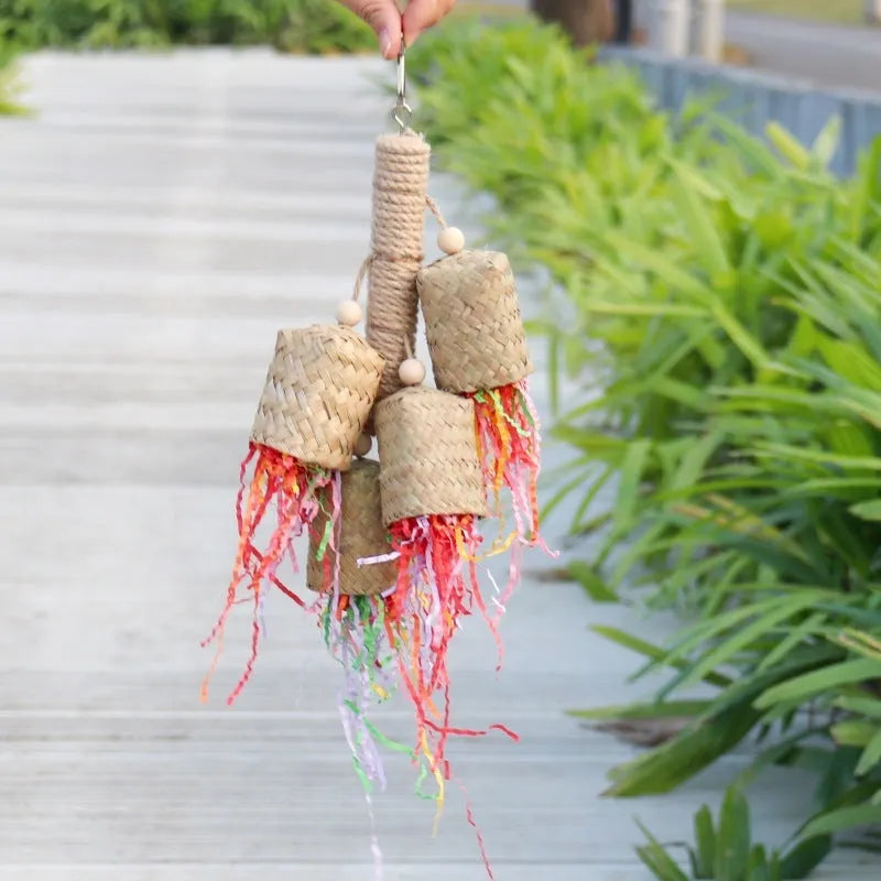 Colourful shredded paper bird toy with wood and sisal materials for parrots