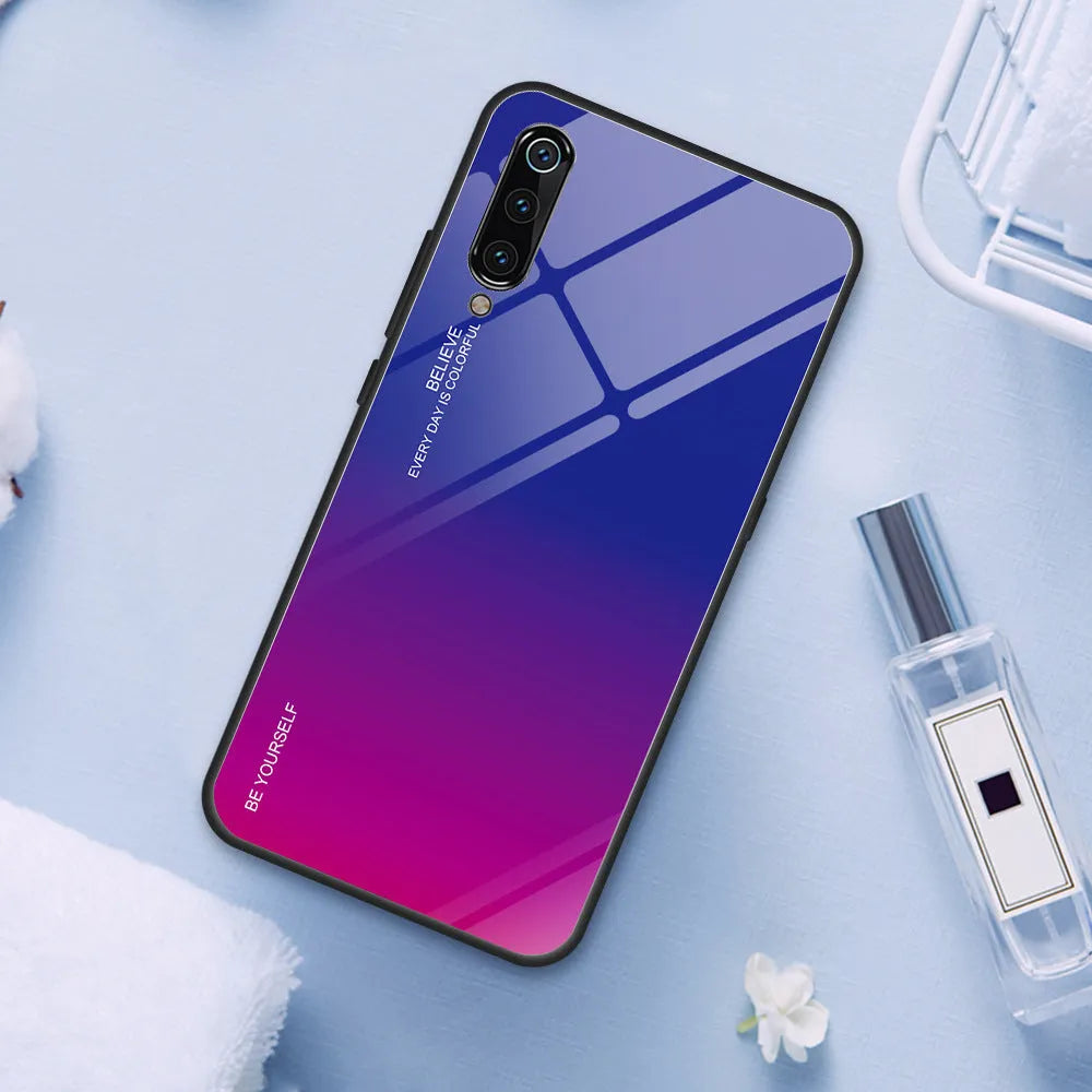 Gradient colour shifting phone case with tempered glass back and TPU frame for Redmi smartphones