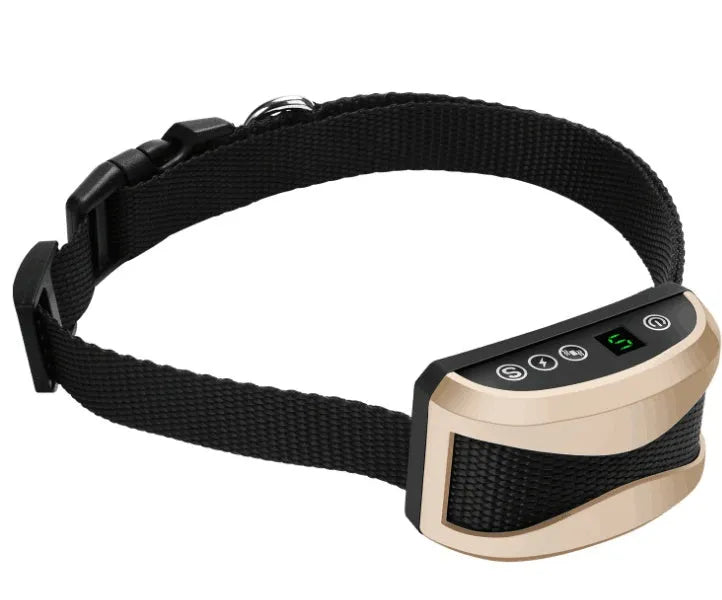 Digital anti-barking collar with adjustable strap for dogs, showing display and reflective safety design