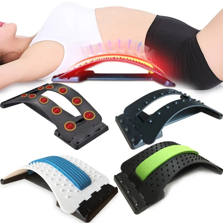Lumbar back stretcher with magnetic points and adjustable stretch in ABS and NBR, folded for storage