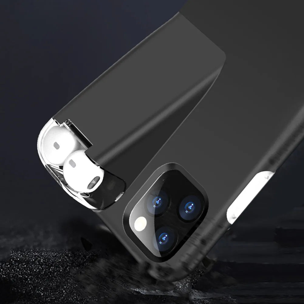 Black phone case with a slot on the back holding a white AirPods charging case