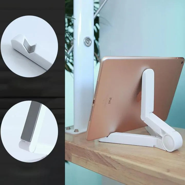 Foldable tablet holder in black showing multi-angle adjustment and non-slip rubber surface for device support