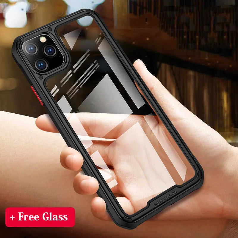 Transparent silicone iPhone 11 case showing dual-layer construction with precise port cutouts in six colour options