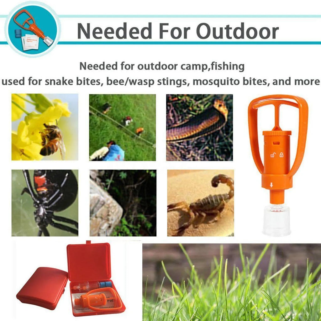 Orange venom suction device with two cup sizes, storage box, and accessories for outdoor first aid