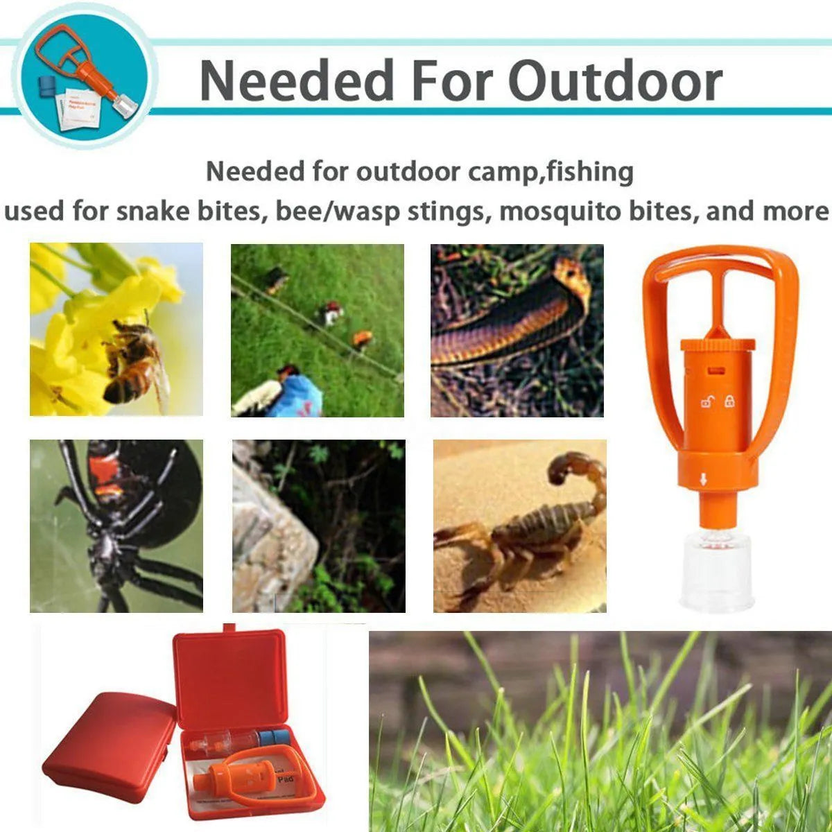 Orange venom suction device with two cup sizes, storage box, and accessories for outdoor first aid