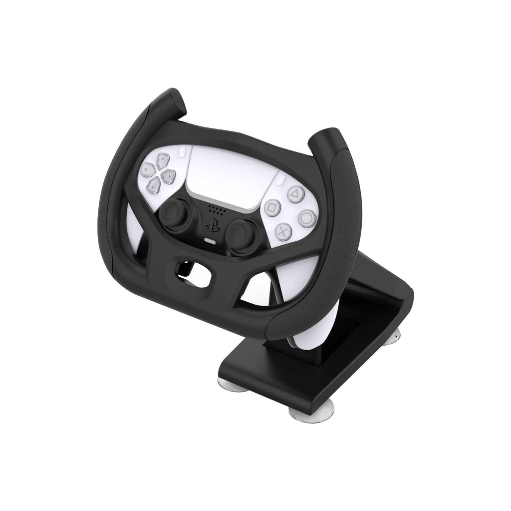 Black gamepad steering wheel bracket with suction cup holding a mobile device for racing games