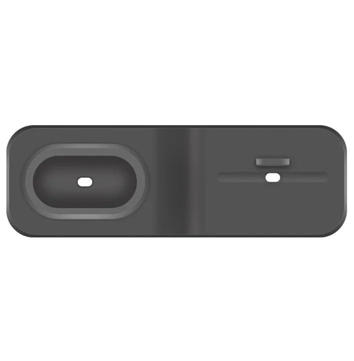 Black silicone 3-in-1 charging stand for iPhone, iWatch, and AirPods on a desk