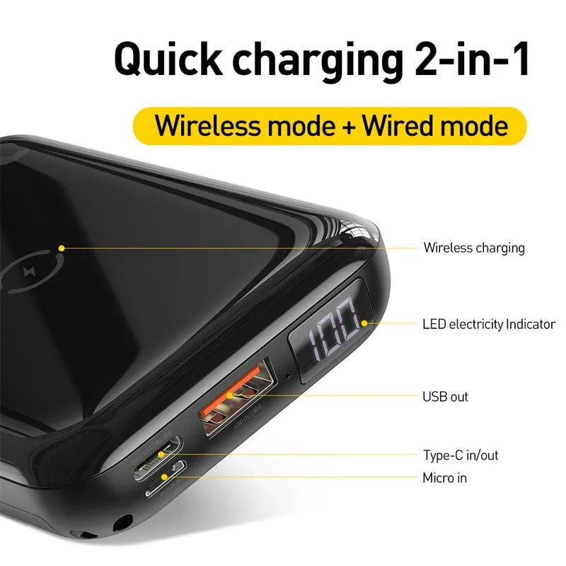 Small square black wireless fast charge power bank with LED digital display showing battery percentage