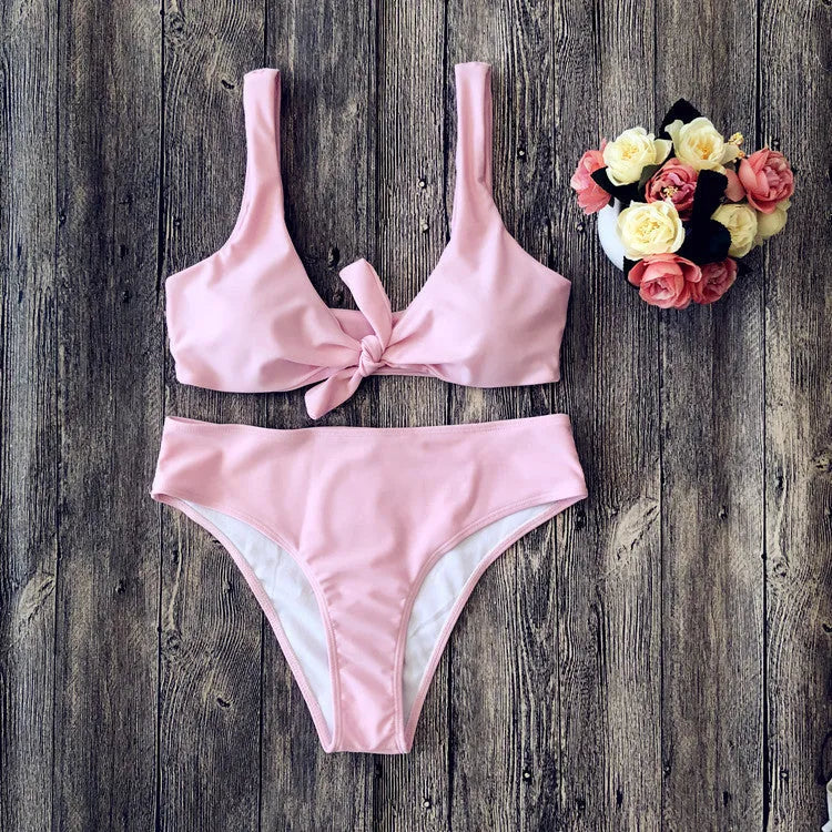 European and American bikini set in pure colours, showing tight fit and sleeveless design with bra and panties