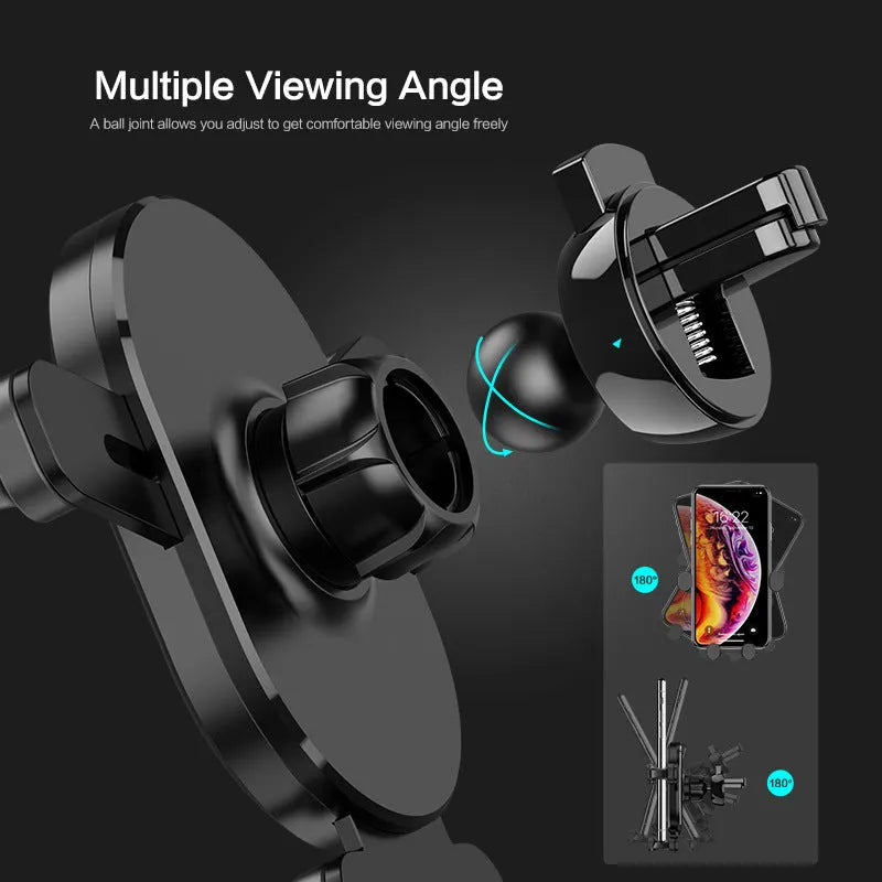 Black car air vent phone holder with 360-degree rotating bracket on a grey background.