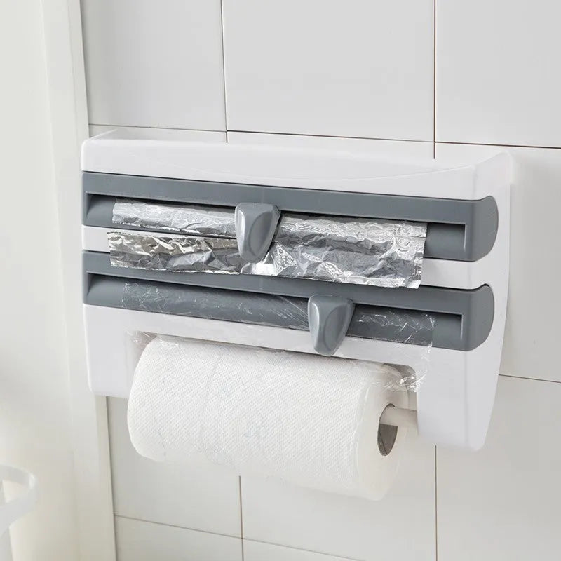 White wall-mounted 4-in-1 kitchen roll holder dispenser for cling film, foil, and paper towels
