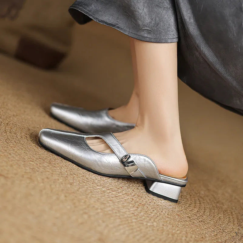 Square head outdoor slippers with low heel in black colour showing artificial PU upper and rubber sole