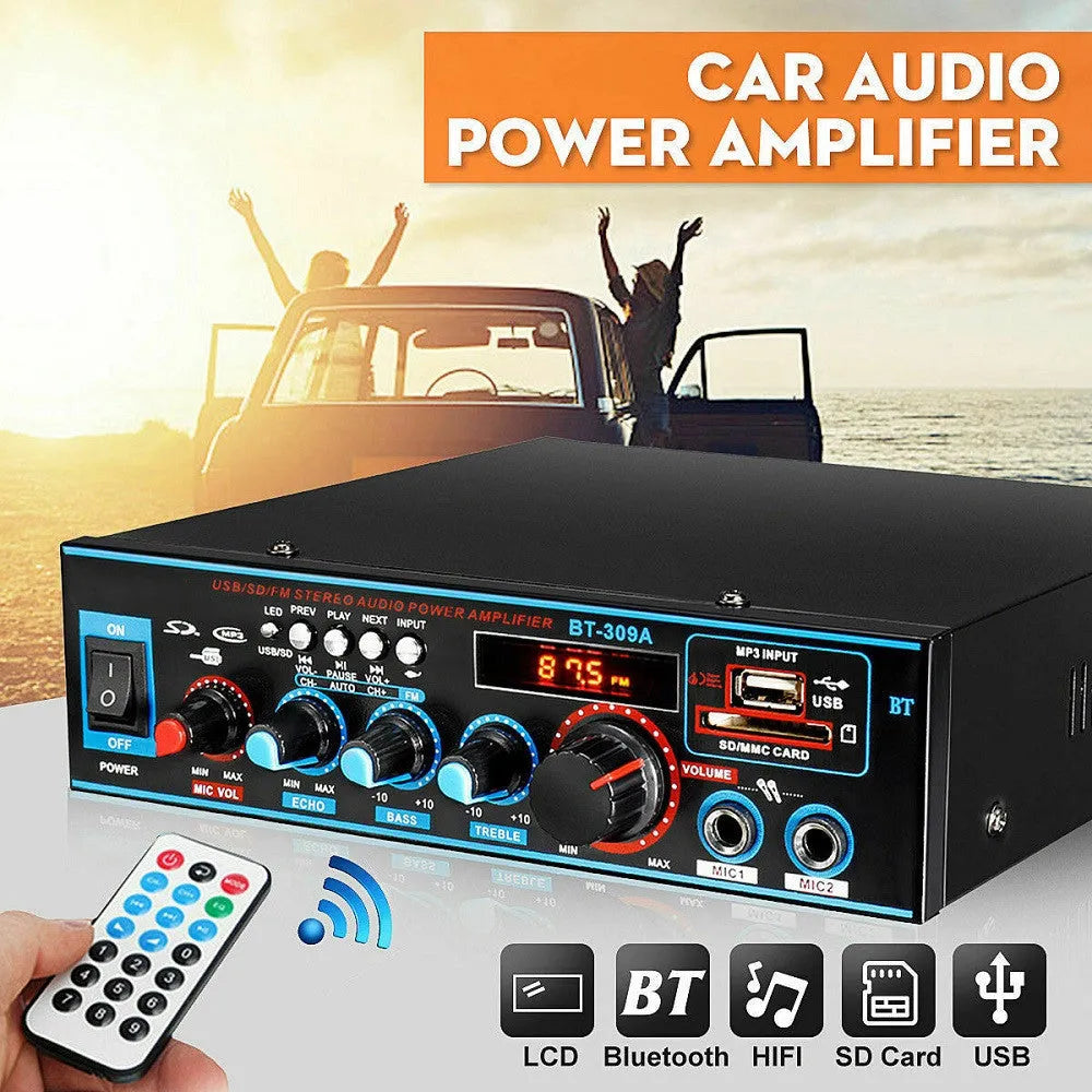 Black dual-purpose power amplifier with wire clamp connections, remote control, measuring 20x19.6x5.8cm