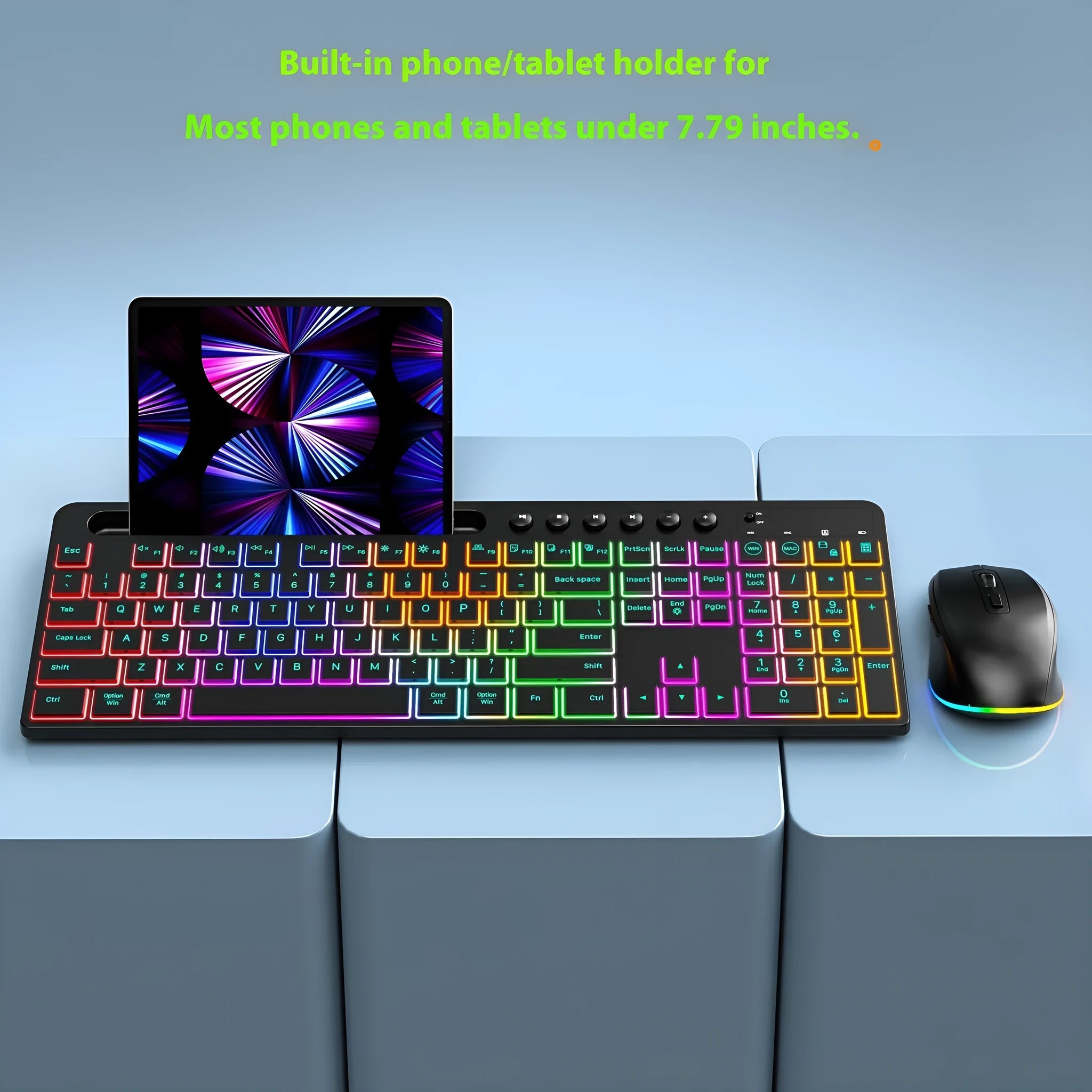 Wireless keyboard and mouse one-piece set with luminous keys and a card slot on a desk.
