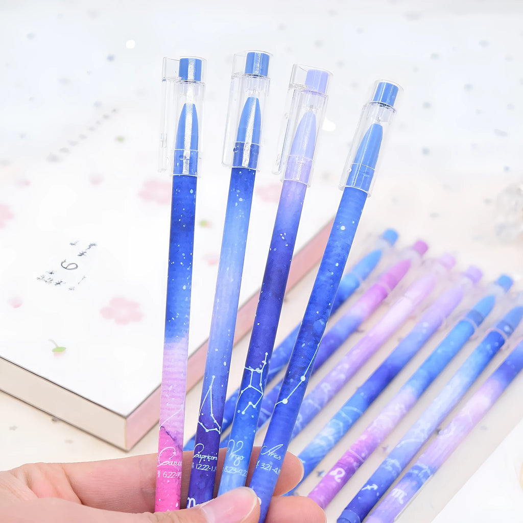 Box containing 12 constellation-themed plastic gel pens with quick-drying ink