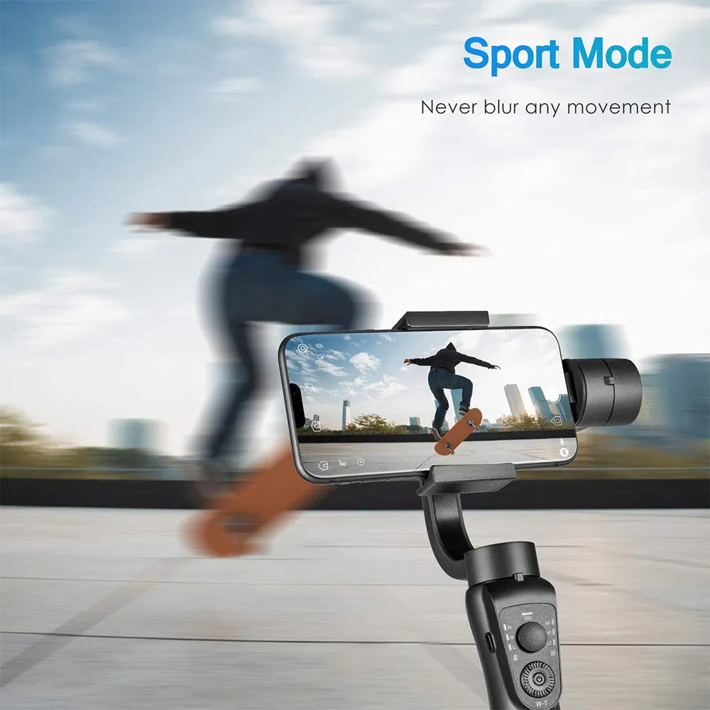 Black three-axis handheld gimbal stabilizer for mobile phones showing 10.8cm length by 7cm width dimensions