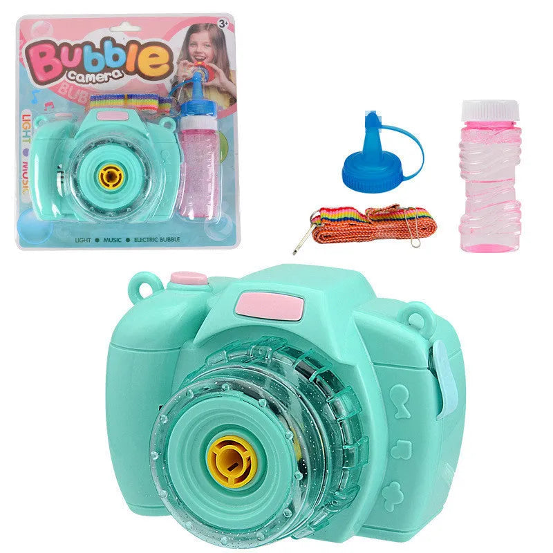 Camera-shaped yellow automatic bubble machine for children with strap and bubble liquid