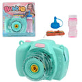 Camera-shaped yellow automatic bubble machine for children with strap and bubble liquid