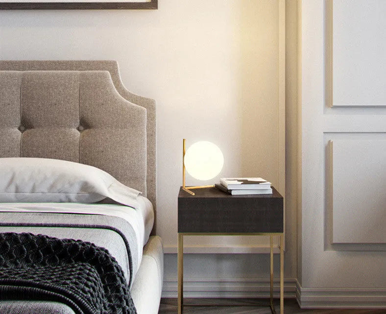 Creative LED table lamp with glass shade in one of three style sizes, showing push button for three-tone light control.