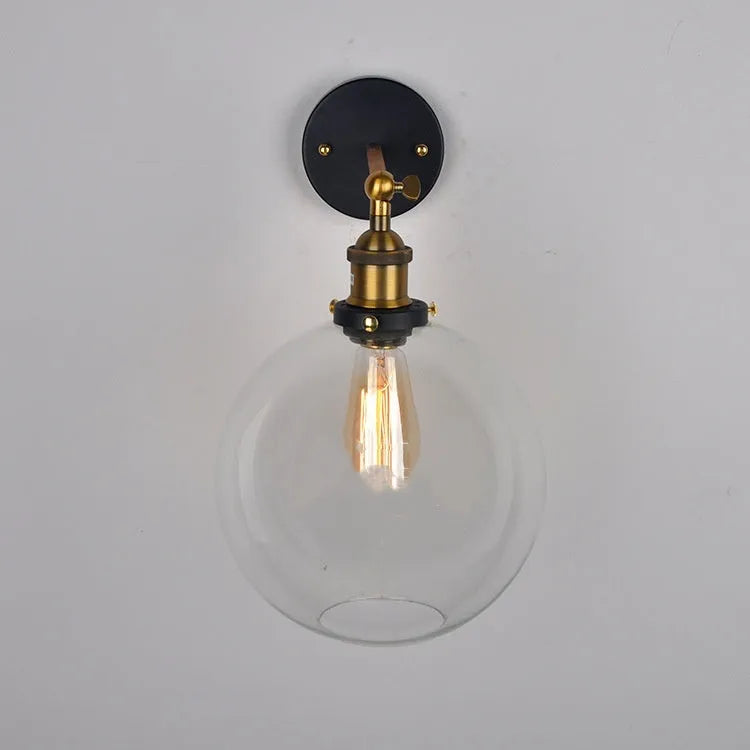 20cm retro round ball glass wall lamp with aluminium E27 holder, 220V, in transparent, amber, or smoky grey