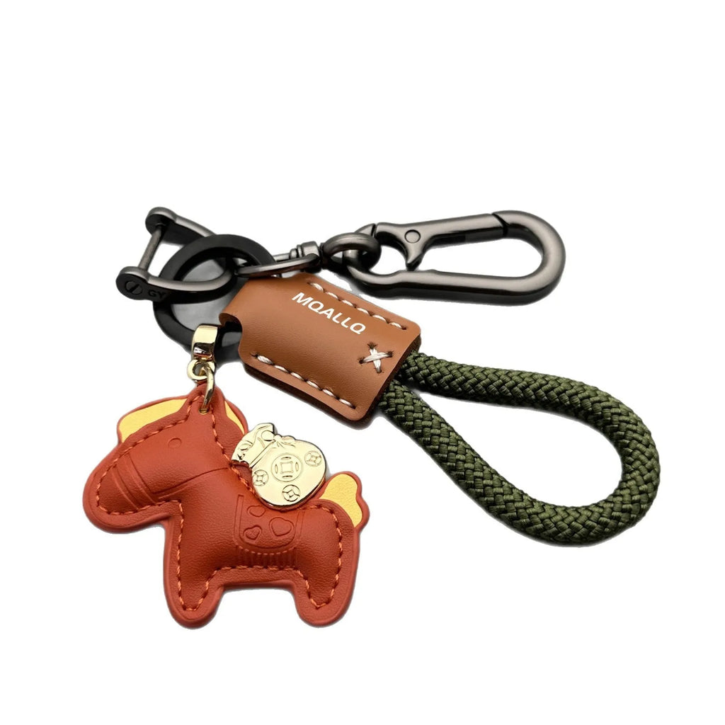 Handmade cowhide car key ring pendant with zinc alloy pony belt buckle and flanelle rope in various colours