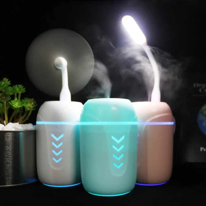 X3 portable car humidifier in blue colour with 200ml transparent tank, mechanical dial, and USB cable for vehicle use