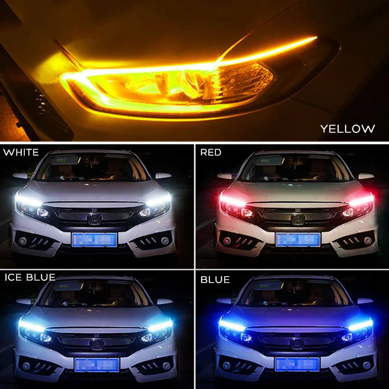Car LED daytime running light strip with flowing turn signal, showing 0.3cm thickness and wiring connections