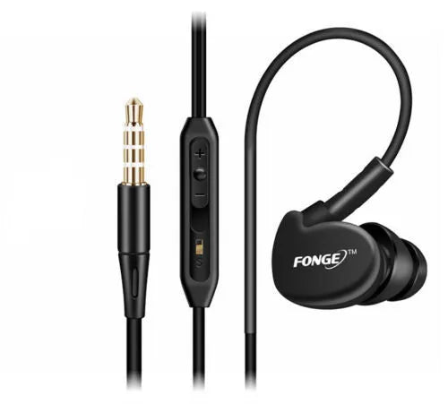 Wired ear-hook headphones with microphone in red, green, blue, and black colour options