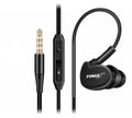 Wired ear-hook headphones with microphone in red, green, blue, and black colour options