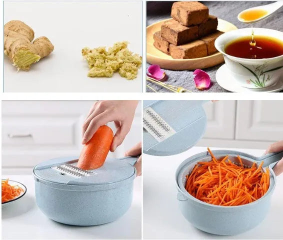Blue hand-held mandoline slicer with stainless steel blades and plastic container for vegetable preparation
