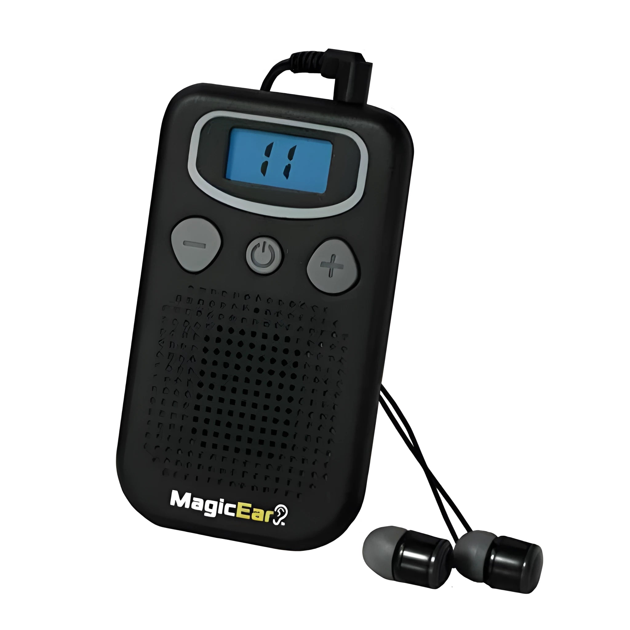 Personal voice enhancer hearing aid booster with digital display and brilliant colour ABS plastic casing.