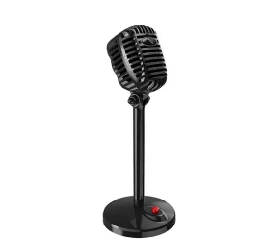 Black USB computer microphone with adjustable gooseneck on a weighted stand.