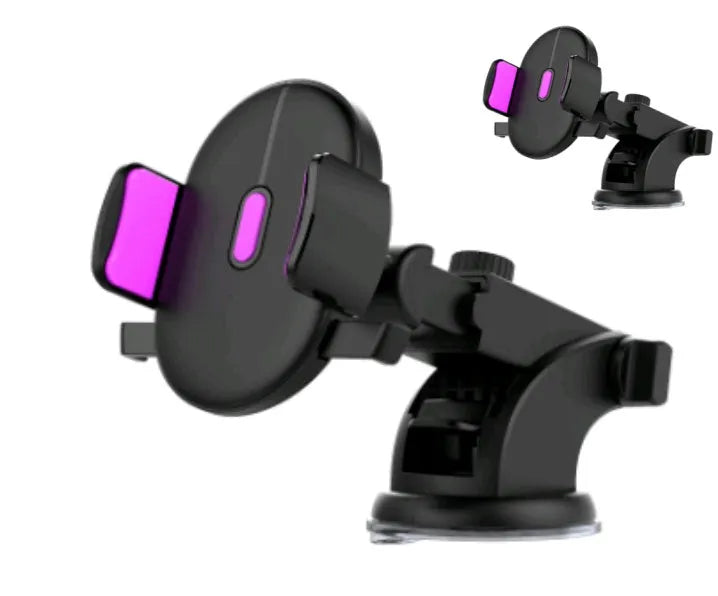 Yellow and black car phone holder with telescopic arm and suction cup on a dashboard