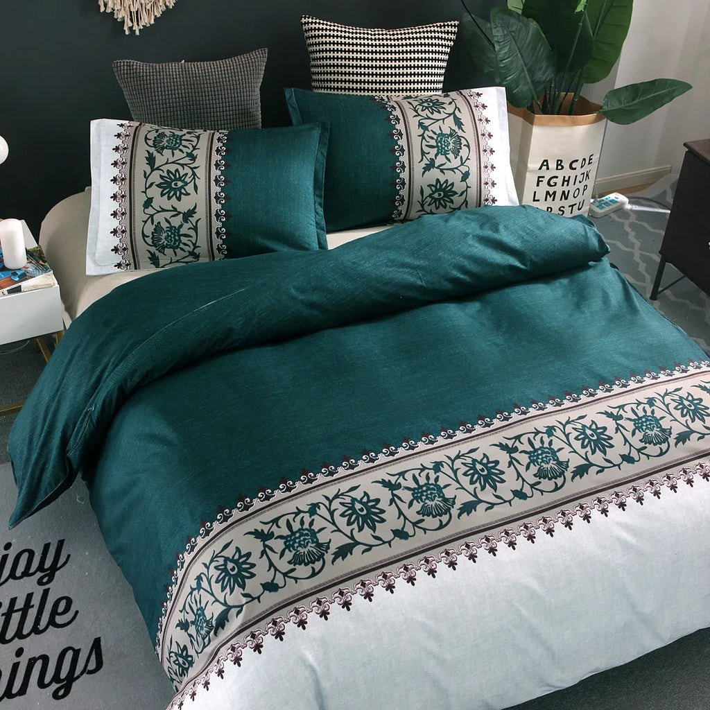Polyester quilt cover and pillowcase bedding set in a plain weave with coloured edging.