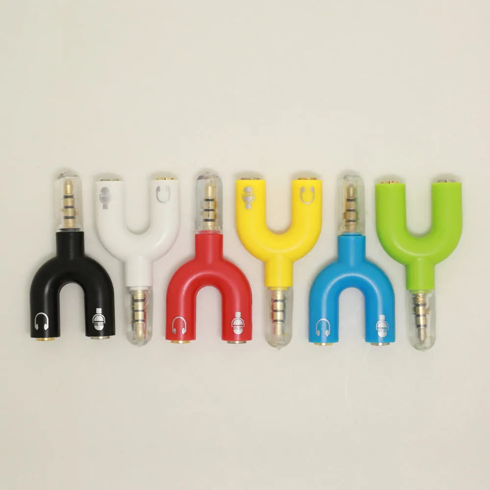 3.5mm audio splitter adapter in multiple colours showing gold-plated connections
