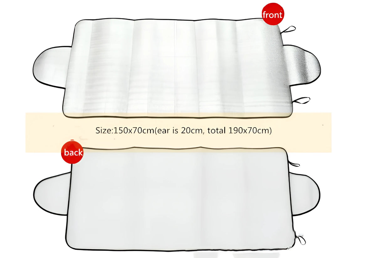 Silver car windscreen cover, 150 x 70cm, for front and rear windshields, made from cotton and aluminium