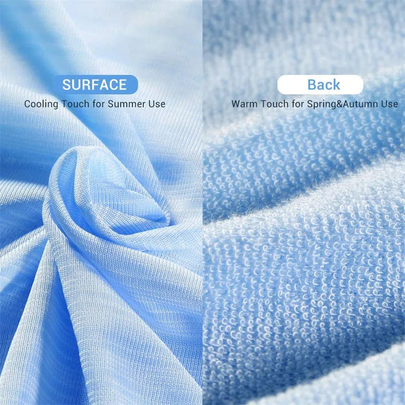 Blue cooling blanket with Japanese Q-Max 0.4 heat-absorbing fibres measuring 180cm wide