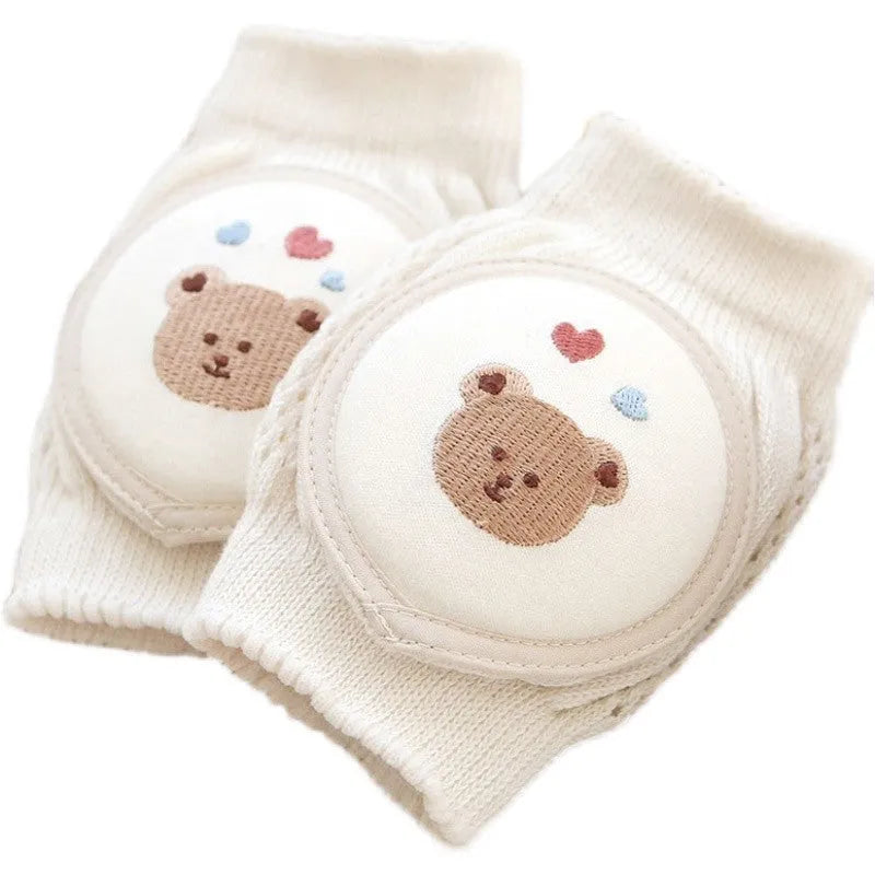 Thin pure cotton baby knee pads for 0-2 years in six styles including Bunny and Love Bear.