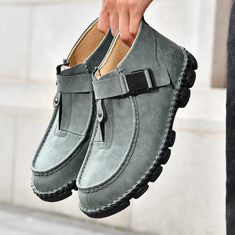 Handmade stitching casual flat bottom slip-on lazy shoes in black, green, or brown with low heel