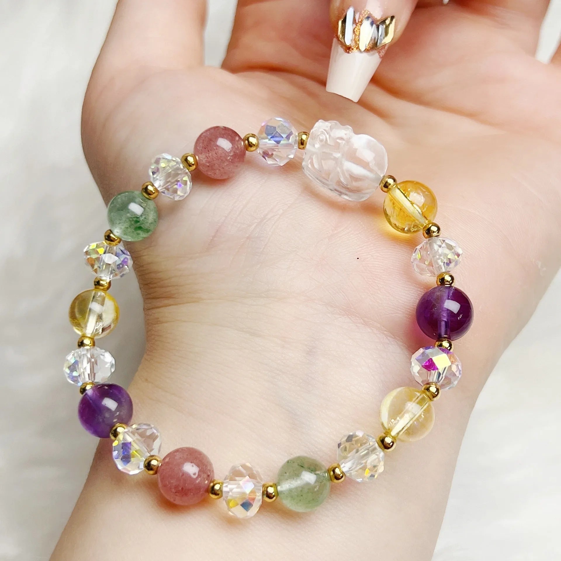 Handcrafted multicolour crystal bracelet featuring a detailed nine-tailed fox charm.