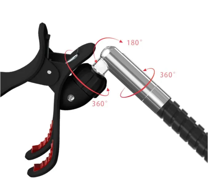 Black bedside mobile phone bracket with universal clamp mounted on a bed frame.